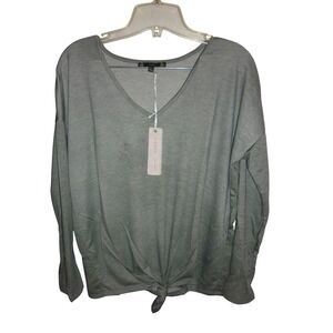 IRIS BASIC Women's Long Sleeve V Neck Tunic Top Olive Green Knot Front Size M